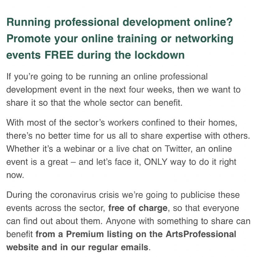 Arts Professional are offering free events listings during t...